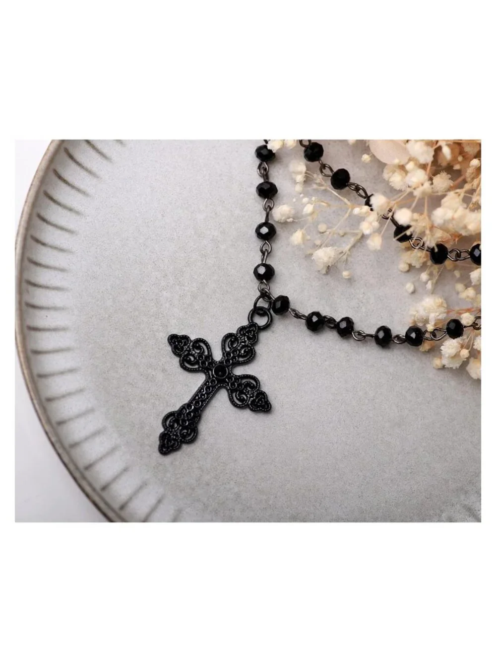 Layered Black Beaded Cross Choker Gothic Punk Grunge Necklace